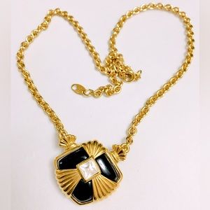 Vintage Avon Black Gold 60s Rhinestone Brooch Necklace